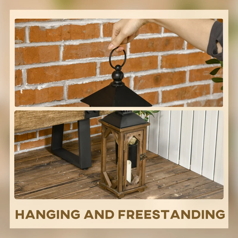 HOMCOM 2 Pack 31"/21" Large Rustic Lantern Decorations, Hanging Wooden Metal Indoor Covered Outdoor Lantern for Home Decor (No Glass), Black and Dark Wood Color