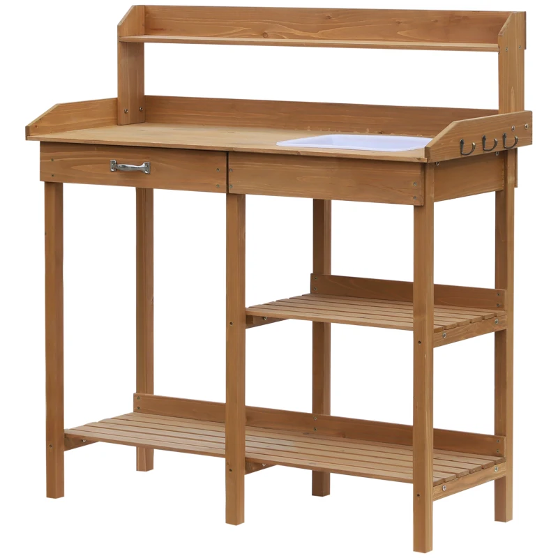 Outsunny 47.75" Potting Bench Table Garden Work Bench Workstation with Drawer, Removable Sink, Storage Shelves and Hooks, Natural