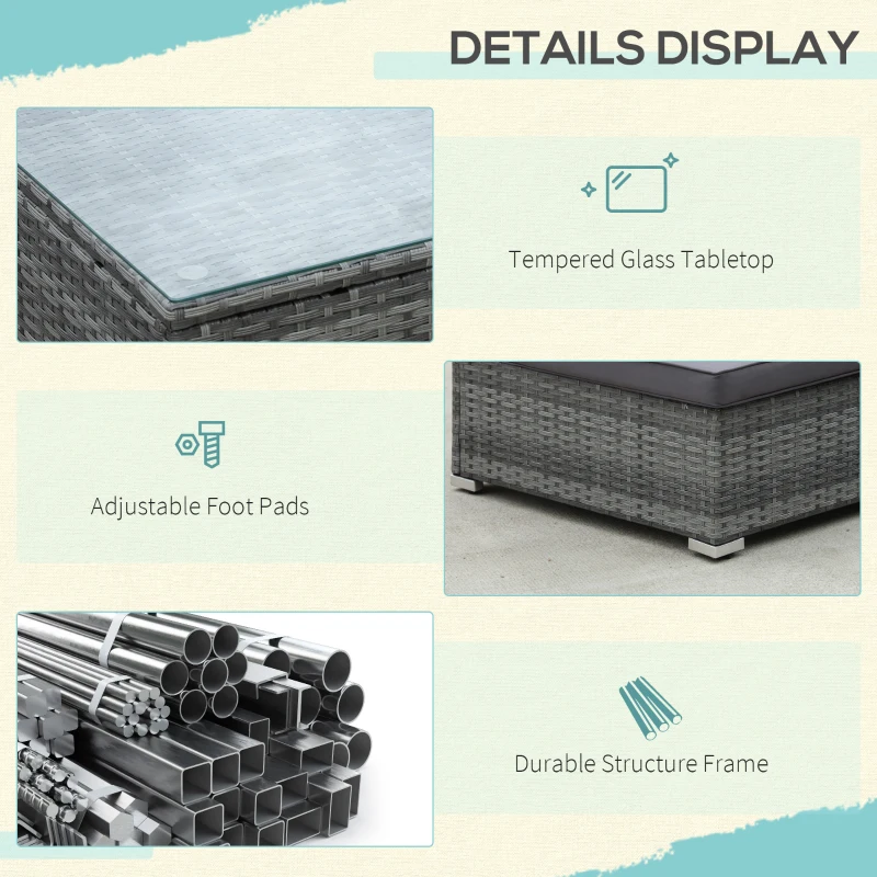 Outsunny Patio Furniture Set, 8 Pieces, Sectional Sofa, All Weather PE Rattan Conversation Set, Tempered Glass Table, 6 Seats, Ottoman Footstool, Cushions for Lawn, Backyard, Gray