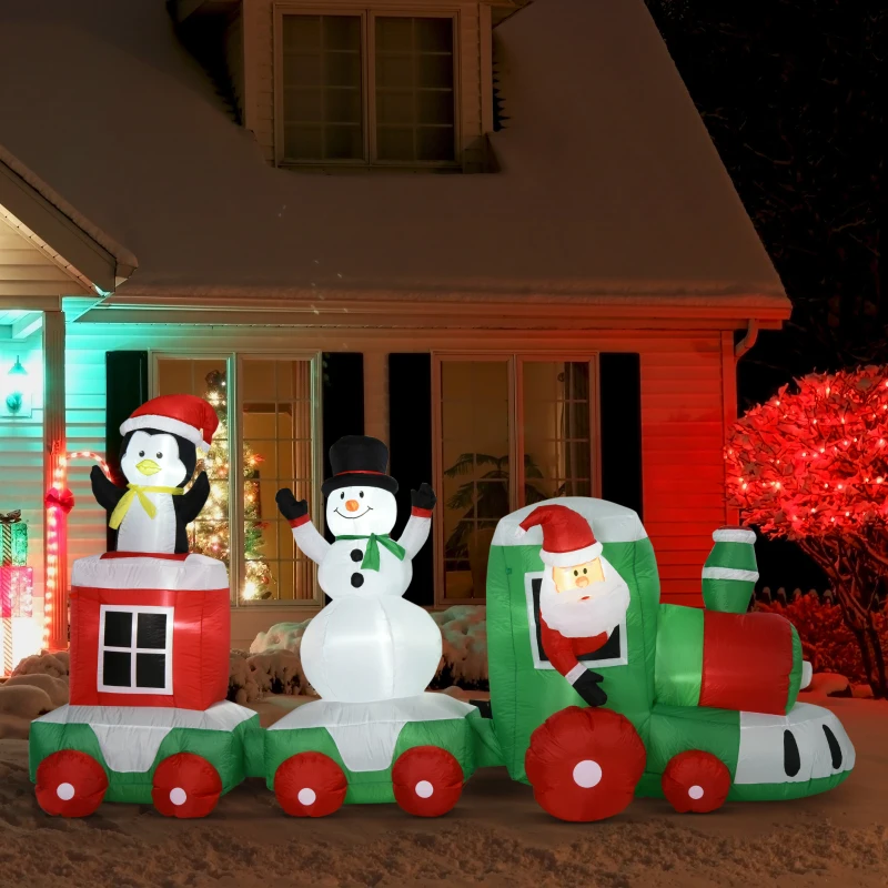 HOMCOM 11ft Christmas Inflatables Outdoor Decorations Holiday Train with Santa, Snowman and Penguin, Blow-Up Yard Christmas Decor with LED Lights Display