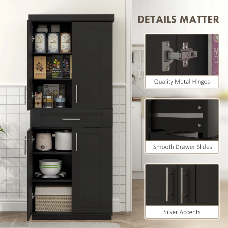 HOMCOM Modern Kitchen Pantry Freestanding Cabinet Cupboard with Doors and Drawer, Adjustable Shelving, Black