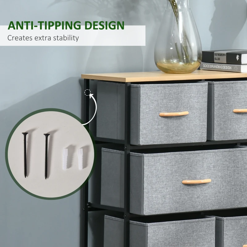 HOMCOM 8-Drawer Dresser, 3-Tier Fabric Chest of Drawers, Storage Tower Organizer Unit with Steel Frame for Bedroom, Hallway, Light Gray