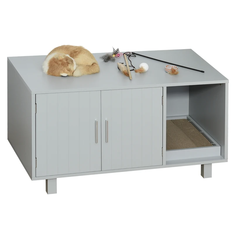 PawHut Wooden Cat Washroom Pet Litter Box Enclosure Kitten House Nightstand End Table with Scratcher Magnetic Doors Grey