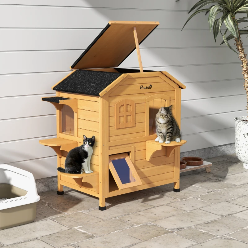 PawHut 2-story Cat House Outdoor, Weatherproof Wooden Cat Enclosure for Feral Cats with Escape Door, Openable Roof, Jumping Platforms, Natural