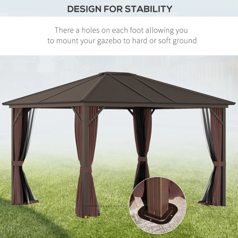 Outsunny 10' x 12' Hardtop Gazebo Steel Covered Gazebo Aluminum Frame Heavy Duty Outdoor Pavilion with Curtains and Netting, Brown