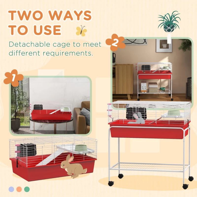 PawHut Two-Story Small Animal Cage Removable from Stand, Pet Habitat with Shelf & Wheels, 33" x 18.5" x 35", Red