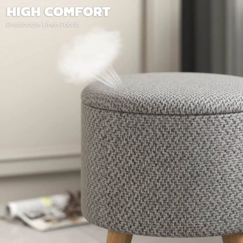 HOMCOM Round Ottoman Stool with Storage, Linen Upholstered Foot Stool with Padded Seat, Hidden Space and Wood Legs, Light Gray