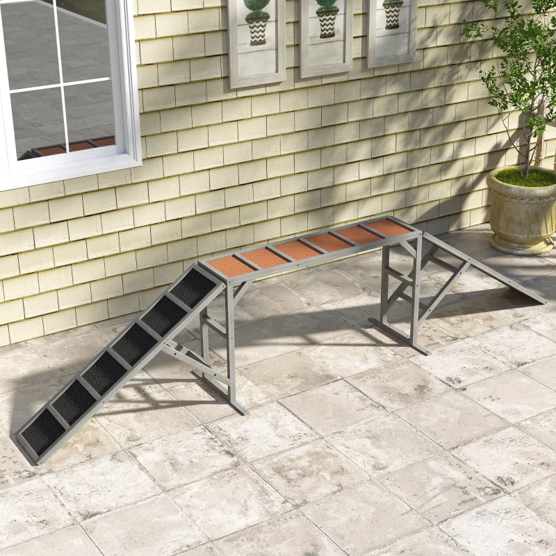 PawHut Dog Agility Equipment Ramp with Safety Bar, Non-slip Surface, for Walk and Pause Training, Gray