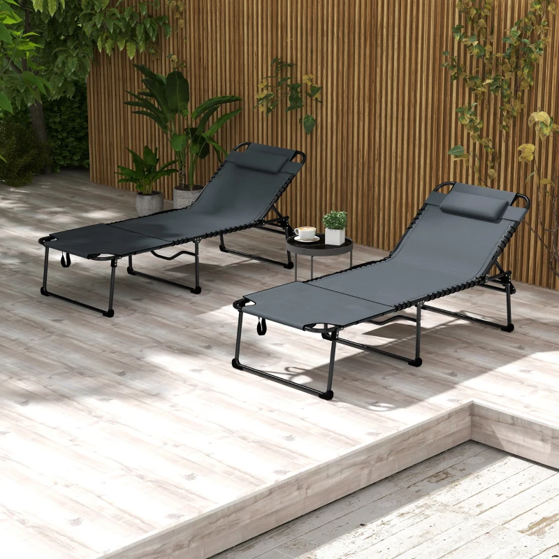 Outsunny 2 Piece Folding Chaise Lounge Pool Chairs with 5-level Reclining Back, Reading Hole, Side Pocket, Gray
