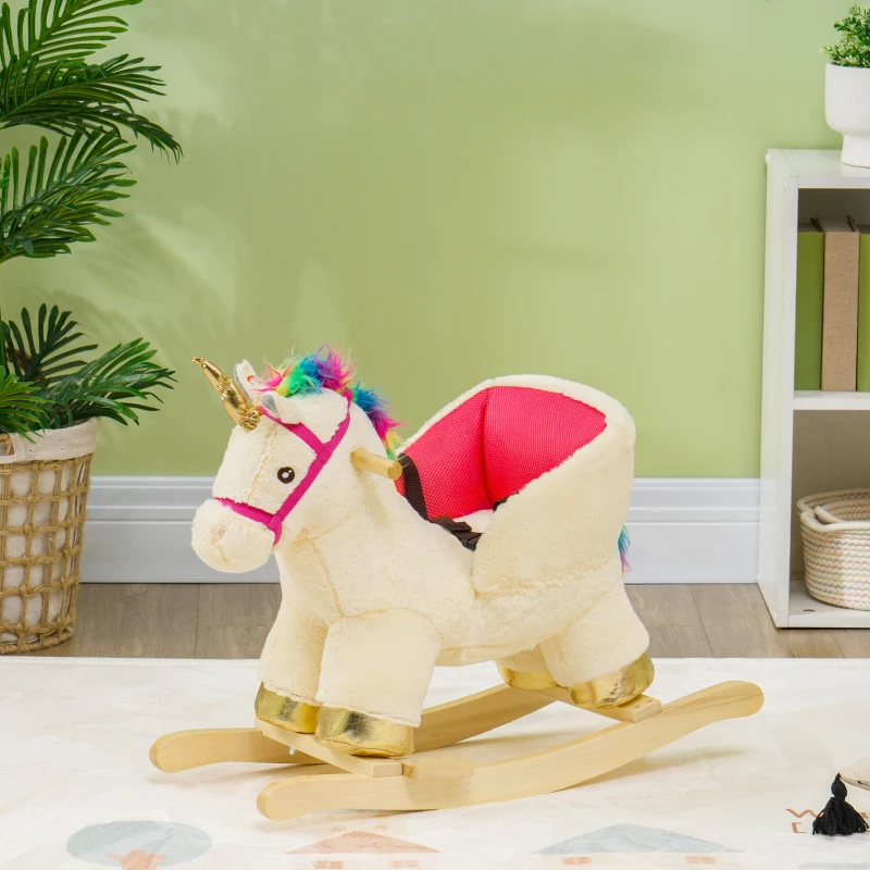 Qaba Kids Rocking Horse, Unicorn with Realistic Sound, Safety Belt & Wooden Base for 18-36 Months