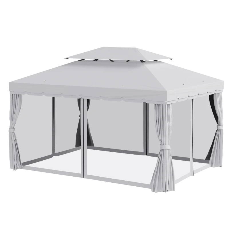 Outsunny 10' x 13' Patio Gazebo, Aluminum Frame Double Roof Outdoor Gazebo Canopy Shelter with Netting & Curtains, Light Gray