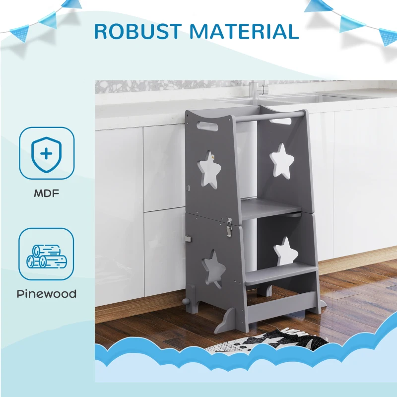 Qaba 2 in 1 Toddler Tower with Safety Rail for Bathroom, Sink, Kitchen or Counter, Gray