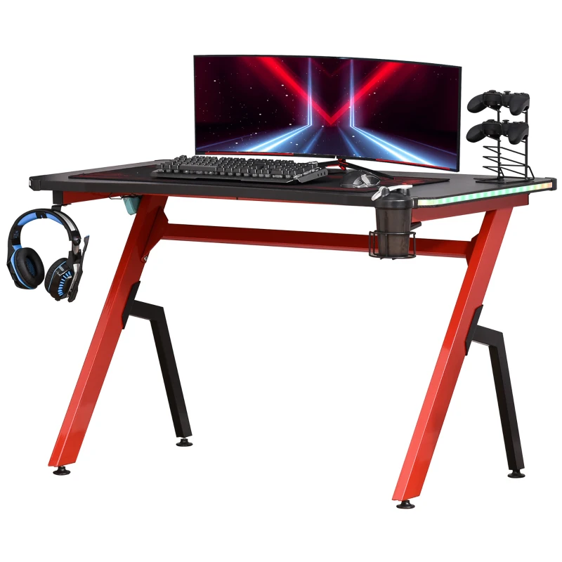 HOMCOM 47" Gaming Desk with LED Lights, Home Office Gaming Table, Computer Table with Hook, Cup Holder, Controller Rack & Cable Management