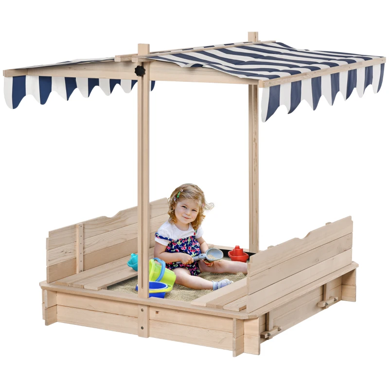 Outsunny Kids Wooden Sandbox Outdoor Backyard Playset Children Play Station w/ Adjustable Canopy & Convertible Bench Sand for 3-7 Years Old