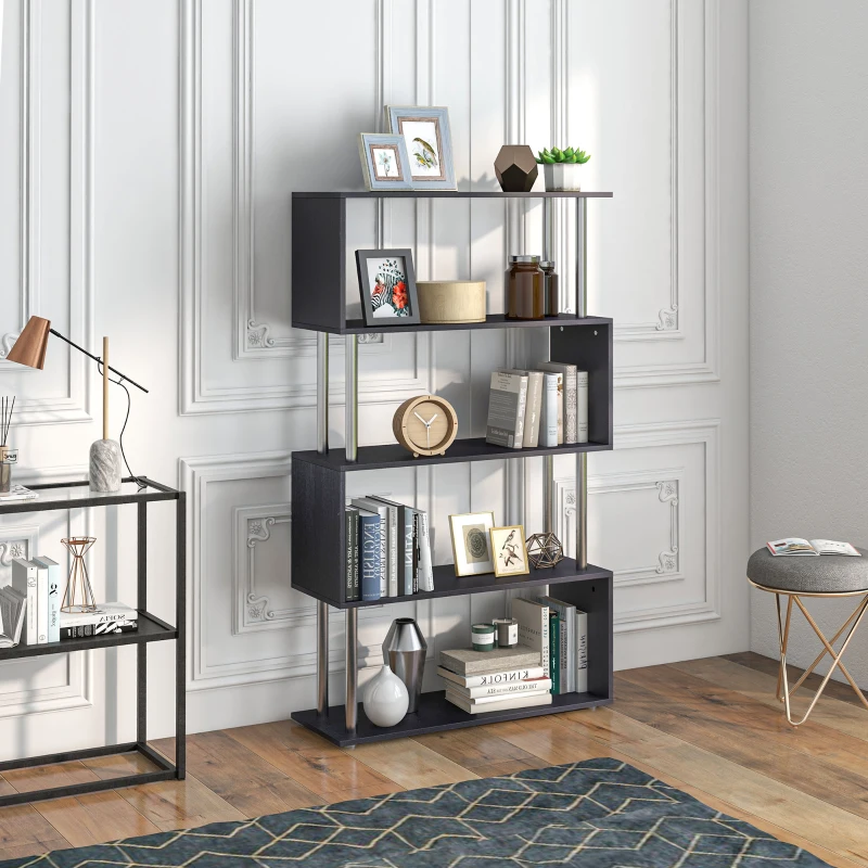 HOMCOM 5-Tiers Geometric Wooden Bookcase S-Shaped Storage Bookshelf Display with Metal Frame for Living Room, Bedroom, Home Office, Black