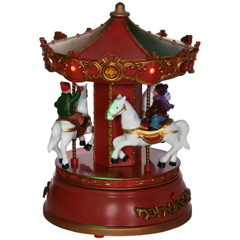 HOMCOM Carousel Music Box with LED Light, Figurine, 3-Horse Musical Carousel, Battery Operated Merry Go Round for Anniversary Birthday Christmas