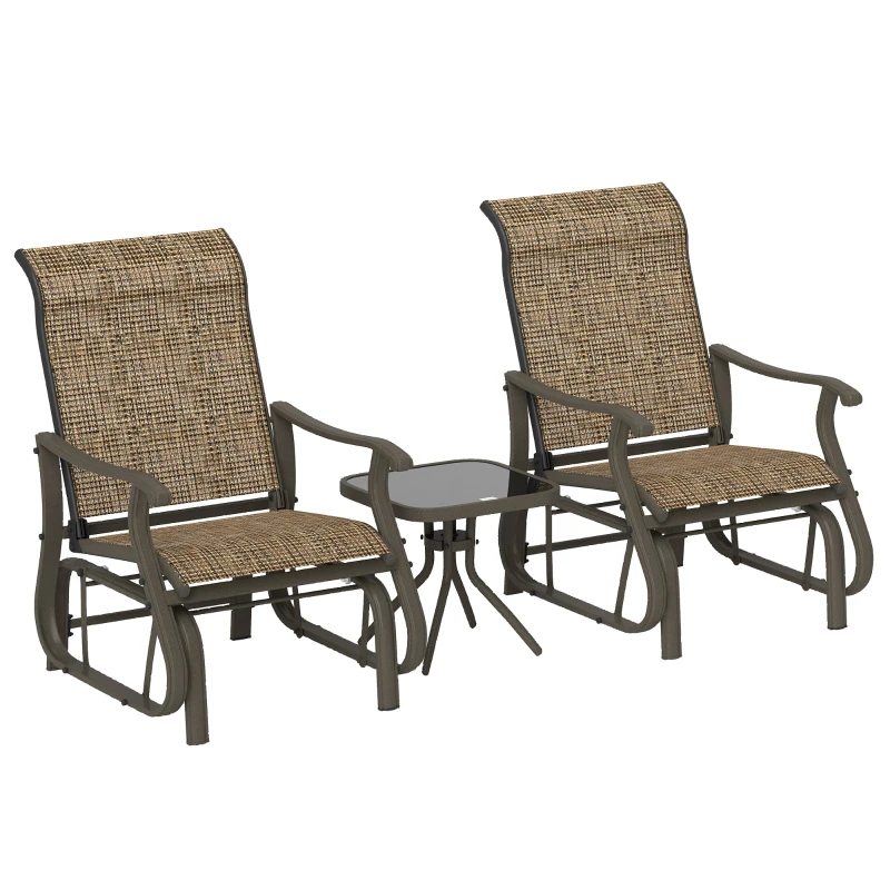 Outsunny 3-Piece Outdoor Gliders Set Bistro Set with Steel Frame, Tempered Glass Top Table for Patio, Garden, Light Mixed Brown