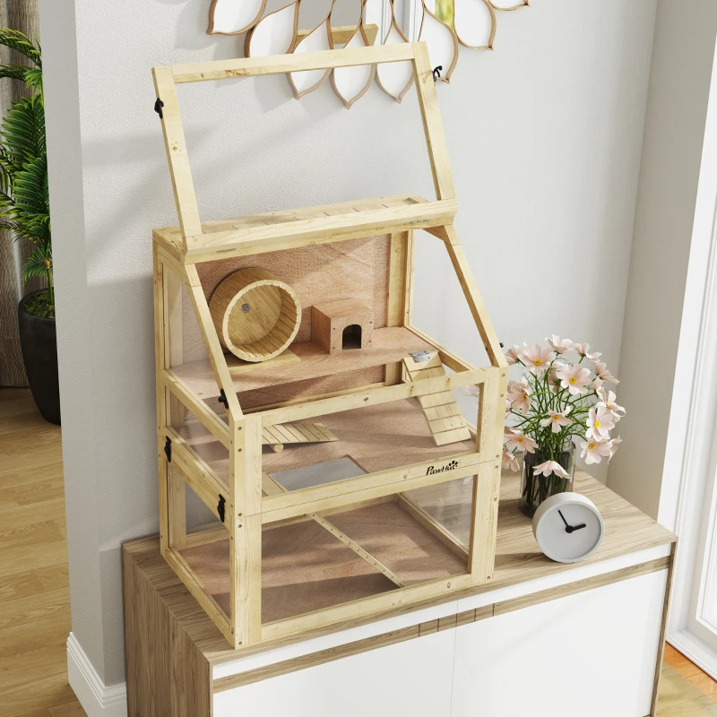 PawHut 3 Tier Wooden Hamster Cage w/ Detachable Bottom, Hut, Seesaw, Exercise Wheel, Ramps, 24" x 16" x 29.5"
