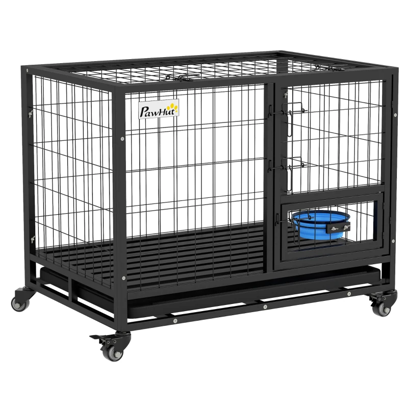 PawHut 36" Heavy Duty Dog Kennel w/ Bowl Holder, Wheels, Openable Top, Removable Tray for Medium & Large Dogs, Black
