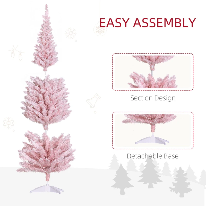 HOMCOM 6ft Pencil Christmas Tree, Slim Artificial Christmas Tree with Realistic Branches and Warm White LED Lights, Pink