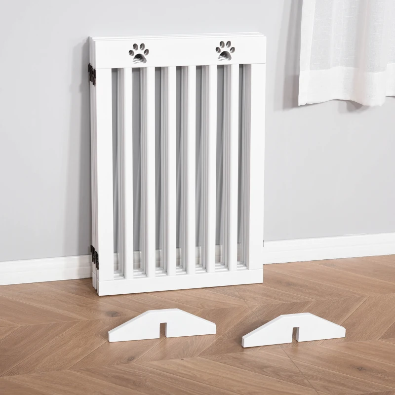 PawHut 29"H Freestanding Folding Pet Gate, Wooden Dog Barrier Fence, with 4 Panels and Dual Hinged Design for Doorways, or Stairs, White