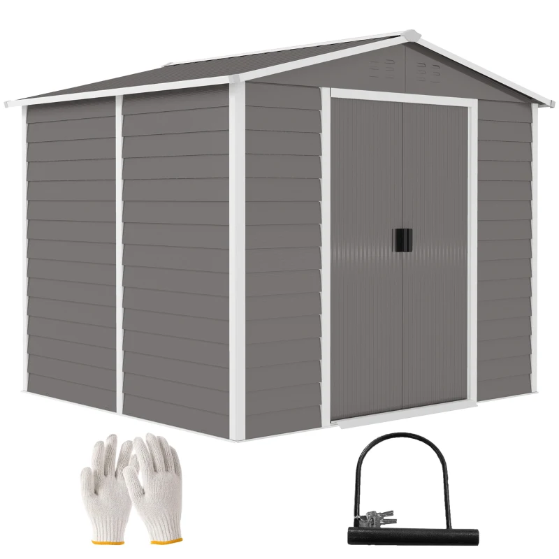 Outsunny 8' x 7' Outdoor Storage Shed, Easy to Assemble, Upgraded Galvanized Metal Garden Shed with Lockable Doors, Floor Frame and Gloves for Backyard, Lawn, Patio, Light Grey