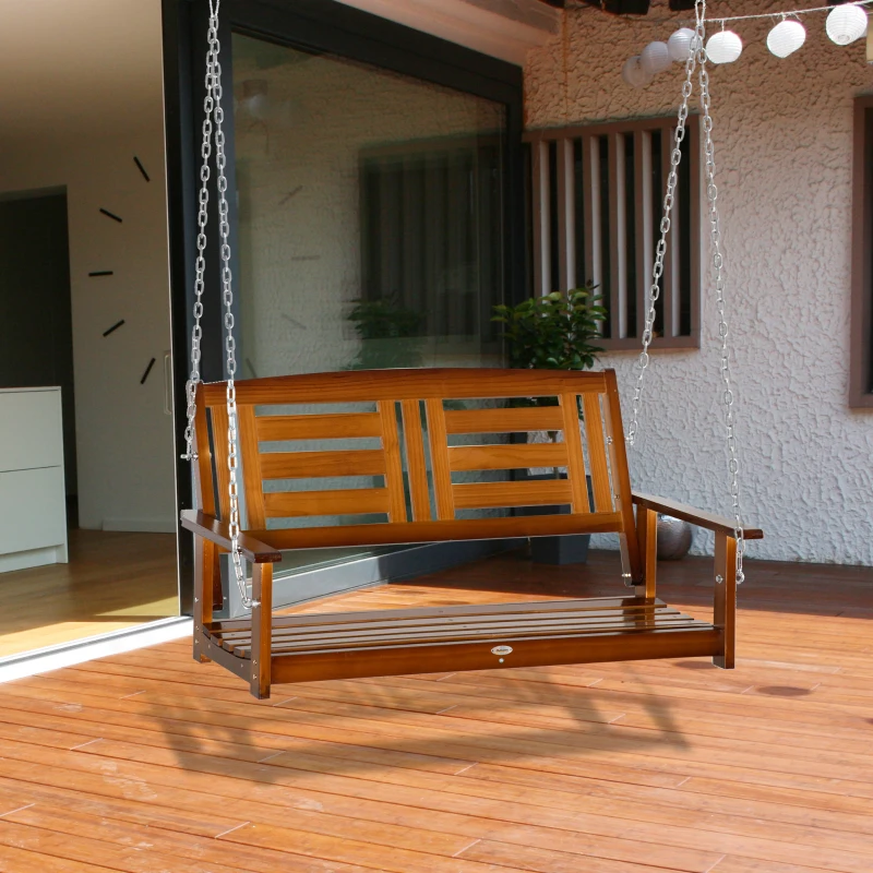 Outsunny 2 Person Front Porch Swing, Hanging Patio Swing, Outdoor Swing Bench with Pine Wood Frame and Hanging Chains for Garden and Yard