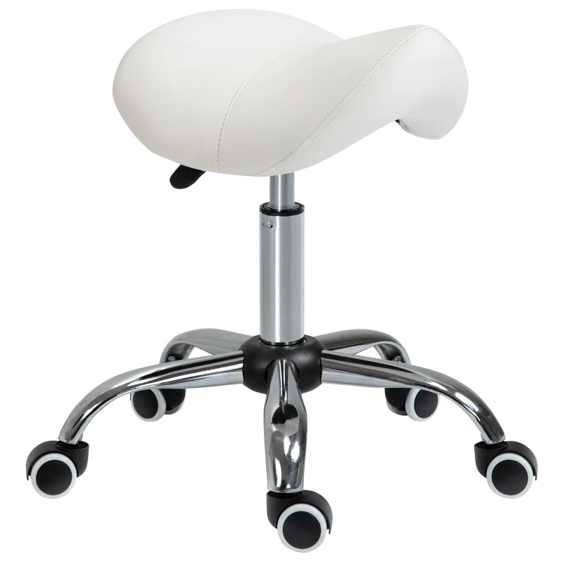 HOMCOM Cosmetic Stool 360° Rotate Height Adjustable Salon Massage Spa Chair Hydraulic Rolling Faux Leather Saddle Stool Mobility, Cream White