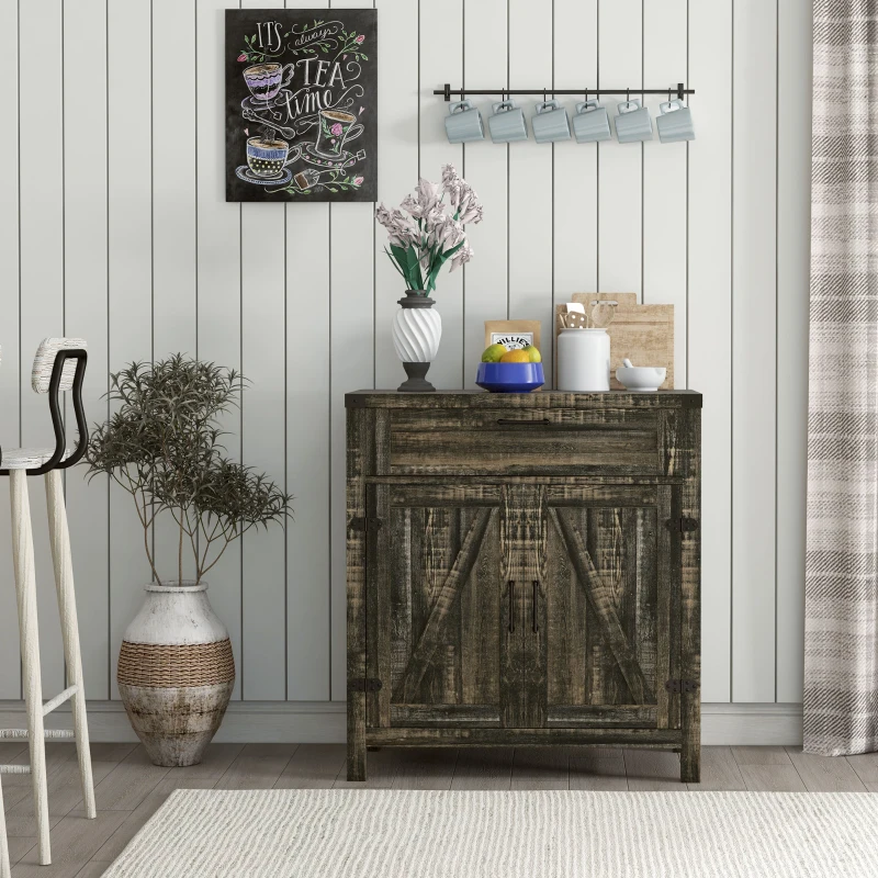 HOMCOM Farmhouse Kitchen Storage Cabinet, Sideboard Buffet Cabinet with 2 Rustic Barn Doors and Drawer, Dark Oak