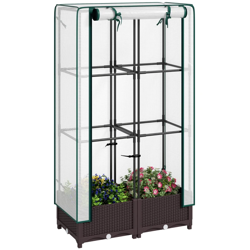 Outsunny Raised Garden Bed Kit with Trellis, Raised Flower Bed with PE Cover and Zipper Door, 31.5 x 15.7 x 48.8 inch, Brown