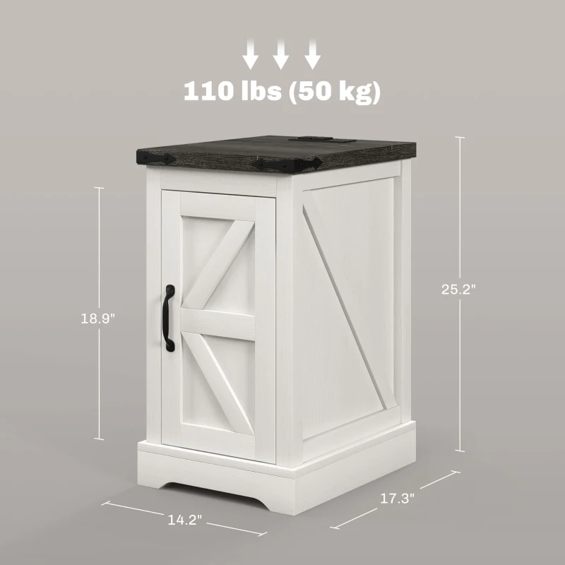 HOMCOM Farmhouse End Table with Storage, Side Table with Charging Station and USB Ports for Living Room, Distressed White