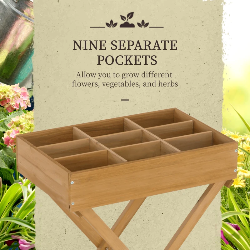 Outsunny Raised Garden Bed with 9 Pocket, Wooden Elevated Planter Box with Legs and Bed Liner for Vegetables, Flowers, and Herbs, Indoor Outdoor Usage, Natural