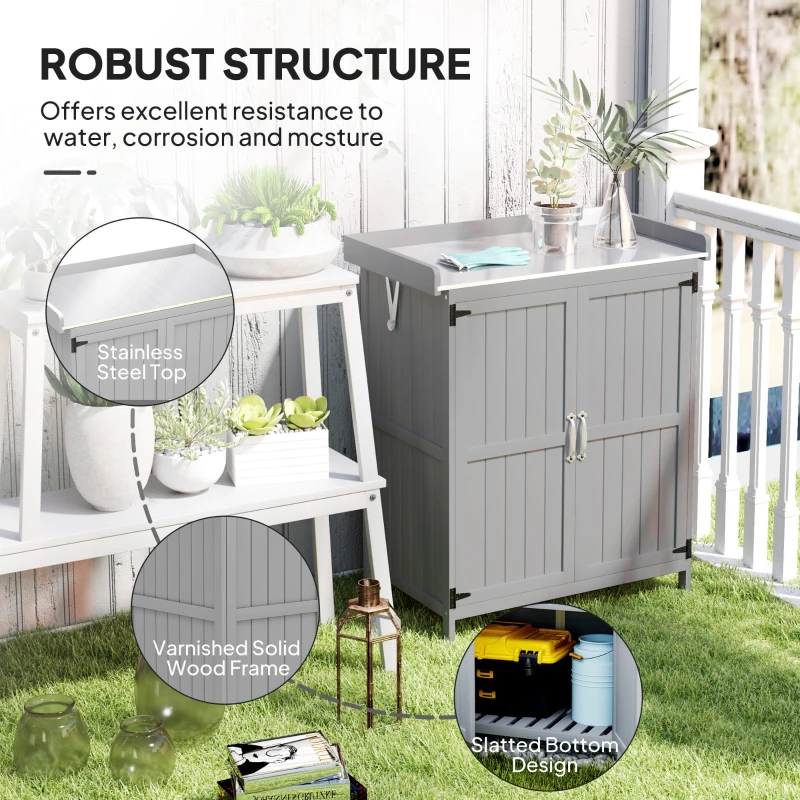 Outsunny Outdoor Storage Cabinet, Garden Tool Shed with Metal Tabletop and Shelf, Wooden Potting Bench with 2 Doors, Gray
