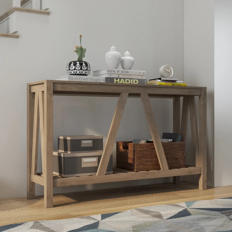 HOMCOM Console Table, Farmhouse Entryway Table with Storage Slatted Shelf, Rustic Sofa Table with Anti-Tipper for Living Room, Hallway, Gray