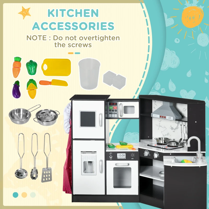 Qaba Play Kitchen Set for Kids w/ Apron and Chef Hat, Ice Maker Brown