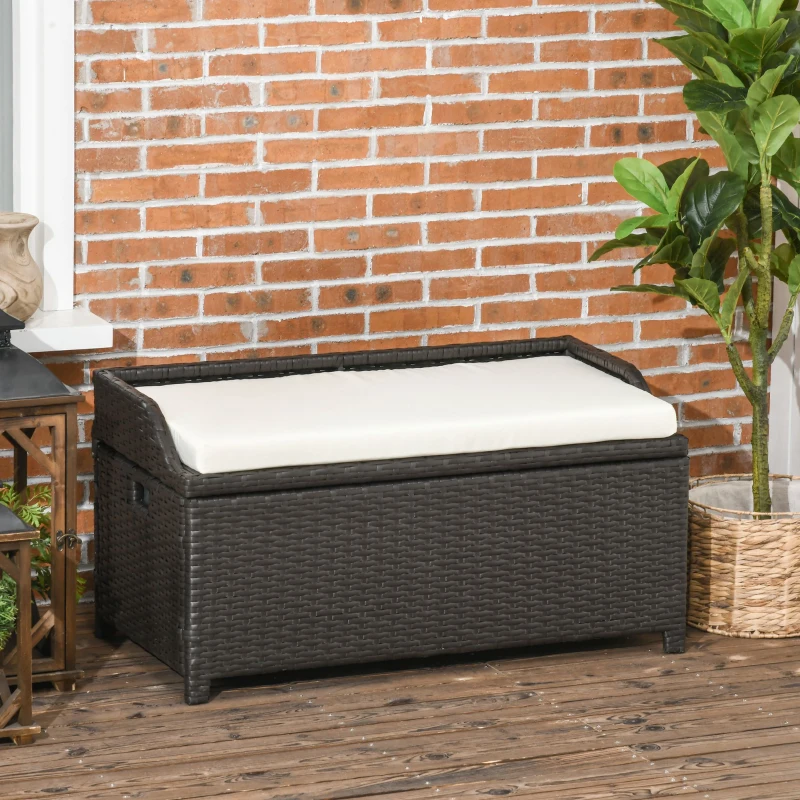 Outsunny 34 Gallon Outdoor Wicker Storage Bench Deck Box, PE Rattan Patio Furniture Pool Storage Bin Container with Interior Waterproof Cloth Bag and Comfortable Cushion, Cream White