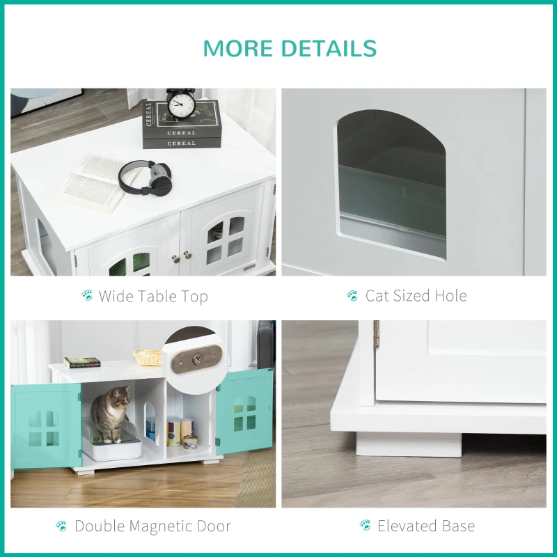 PawHut Cat Litter Box Enclosure Hidden Cat Furniture Cabinet Indoor Cat Washroom Double-door Nightstand End Table with Cat Hole Window White
