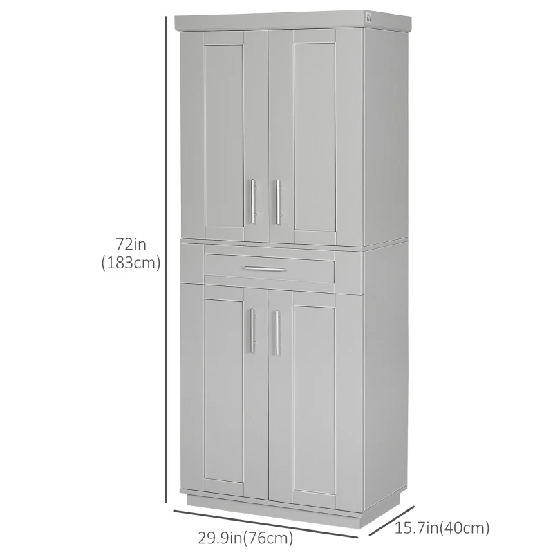 HOMCOM 72" Storage Cabinet, Freestanding Kitchen Pantry Cabinet with 4 Doors, Drawer and 3 Adjustable Shelves, Grey