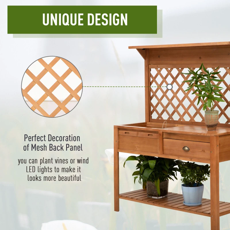 Outsunny Garden Potting Bench, Outdoor Wooden Workstation Table w/ Metal Screen, Drawer, Hooks, Storage Shelf, and Lattice Back for Patio, Backyard and Porch