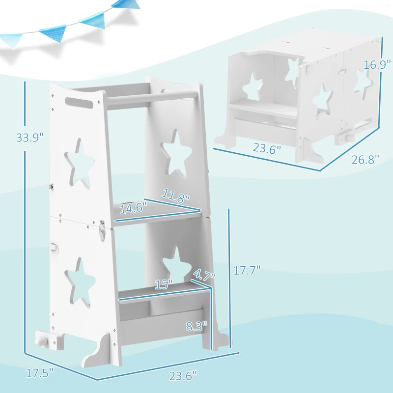 Qaba 2 in 1 Toddler Tower with Safety Rail for Bathroom, Sink, Kitchen or Counter, White