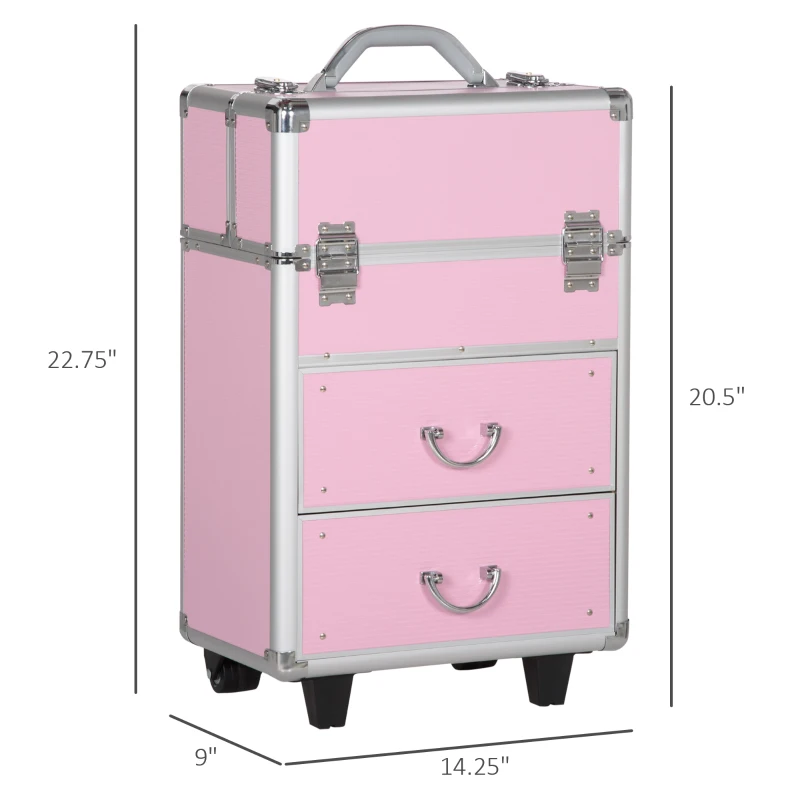 HOMCOM Rolling Makeup Storage Case w/ Swivel Wheel, Pink