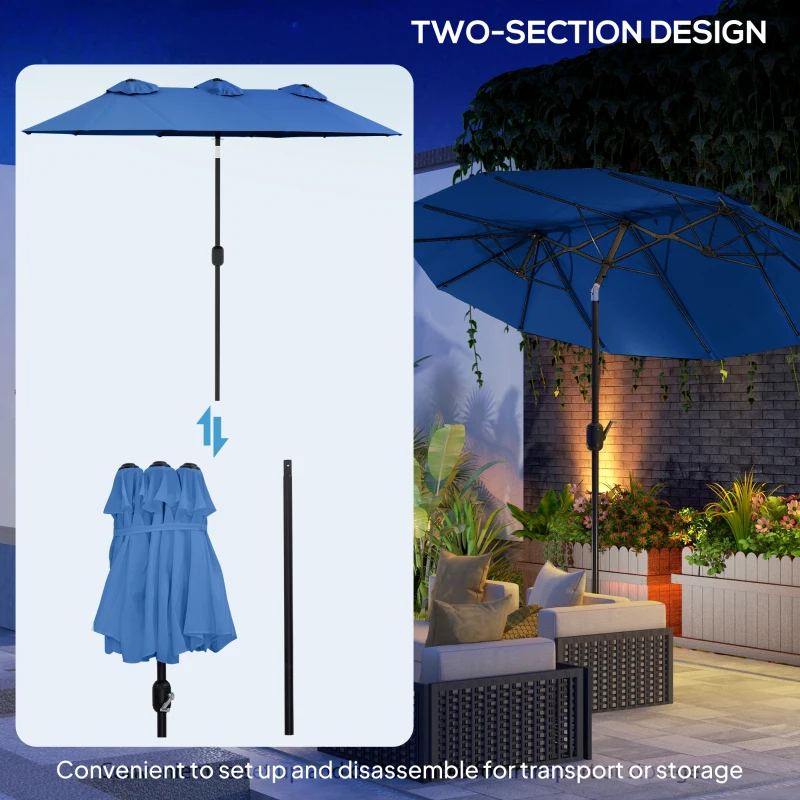 Outsunny Double-sided Patio Umbrella, 9.5' Outdoor Umbrella with Push Button Tilt and Crank, 3 Air Vents and 12 Ribs, Navy Blue