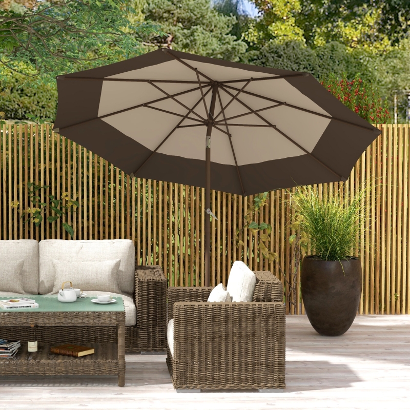 3 tier patio umbrella costco Costco has good quality umbrellas at an affordable price. Our backyard gets  full sun so we needed more shade for 100 degree summer days! Also, we got 2  umbrella stands there for $50 each. I looked