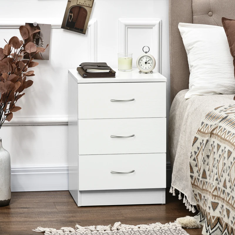 HOMCOM Bedside Table with 3 Drawers, Modern Wood Nightstand, Side Table with Anti-tipping Design for Bedroom, Set of 2, White