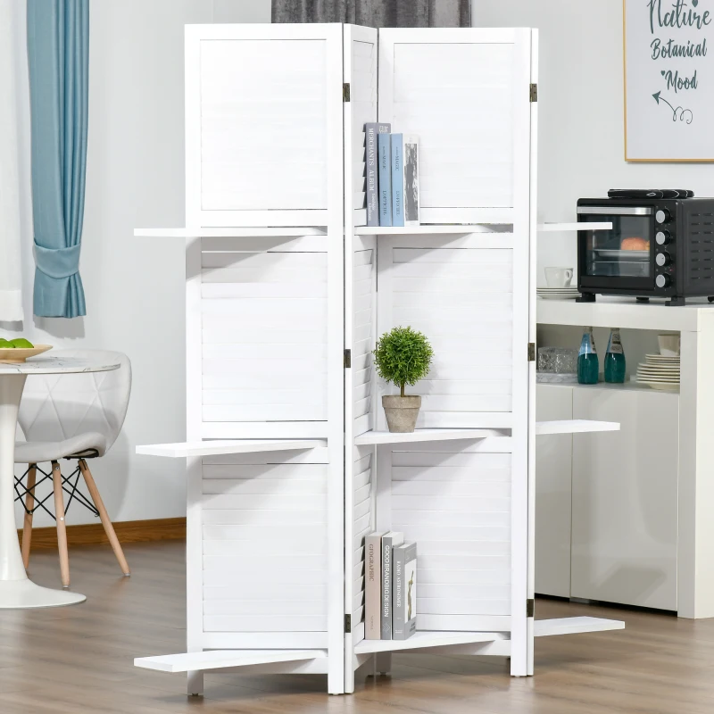HOMCOM 4 Panel 67" Tall Wood Privacy Screen Room Divider with 3 Shelves and Folding Storage for Bedroom, White