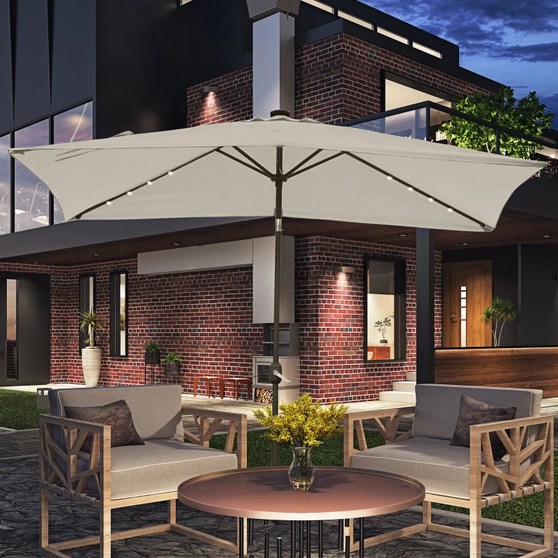 Outsunny 6' x 10' Patio Umbrella with 22 LED Solar Lights and Tilt, Rectangular Outdoor Table Umbrella with Crank, Beige