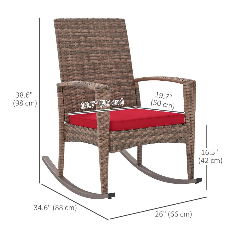 Outsunny Outdoor PE Rattan Rocking Chair, Garden Glider Rocking Chair, Wicker Patio Chair Set with Armrest and Cushion, Wine Red