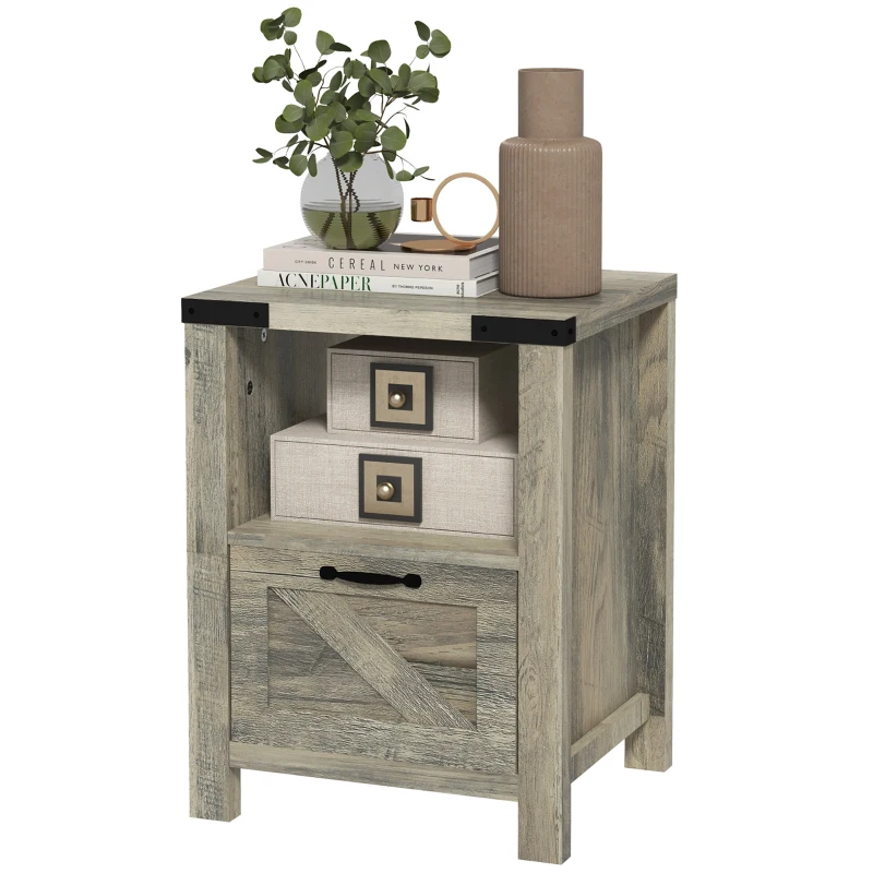 HOMCOM Side Table with Storage, Farmhouse End Table with Drawer, Open Shelf and Barn-style Panel, Nightstand for Living Room, Bedroom, Grey