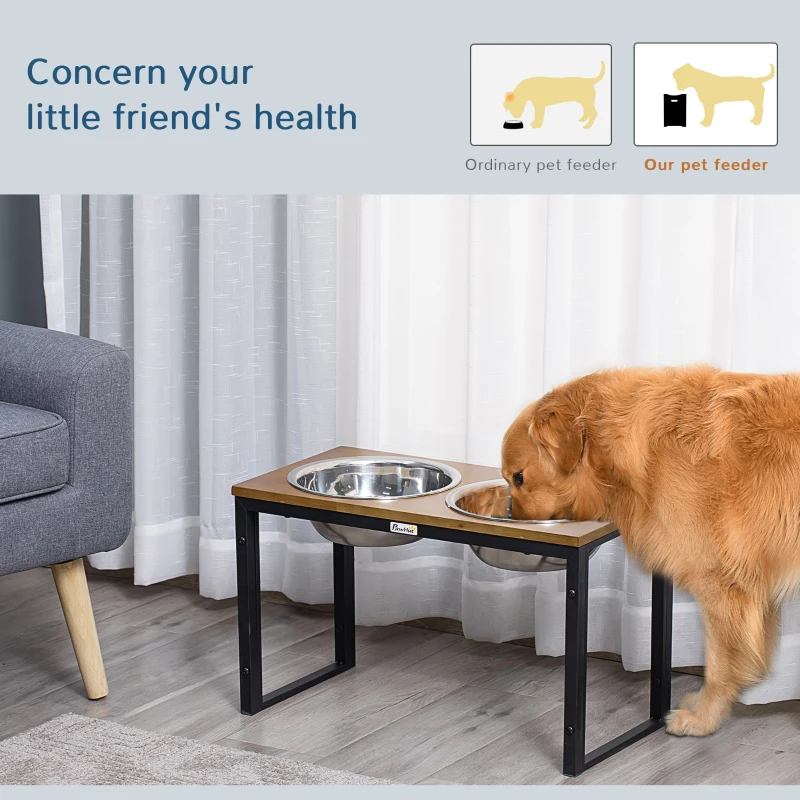 PawHut Elevated Dog Bowls with Stand, Raised Dog Feeder for Large Sized Dogs, Oak
