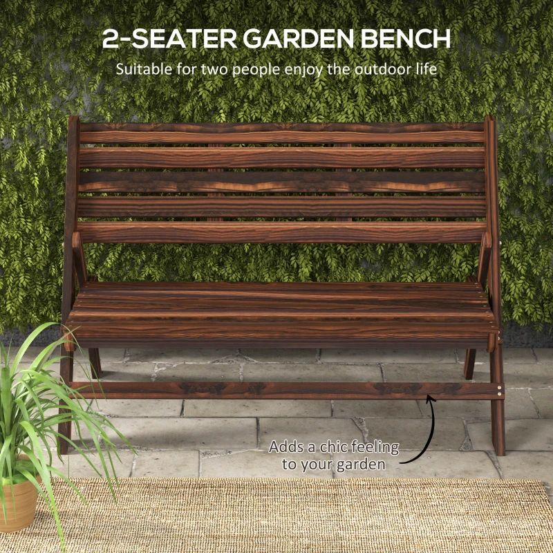 Outsunny 2-Seater Wooden Outdoor Bench, Foldable Garden Bench with Slatted Backrest and Seat, Patio Loveseat, Carbonised Finish